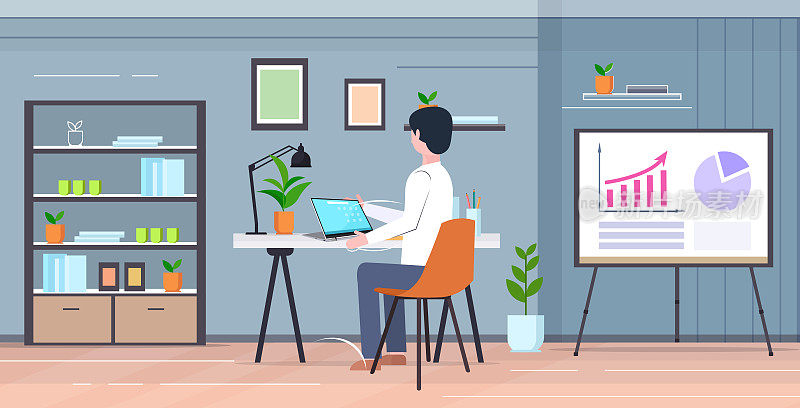student sitting at desk using laptop guy analyzing statistic data on flip chart e-learning education concept modern cabinet interior flat full length rear view horizontal